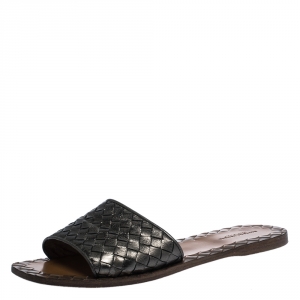 Pre Owned Bottega Veneta Metallic Grey Intreciatto Leather Slip On Slide Size 39