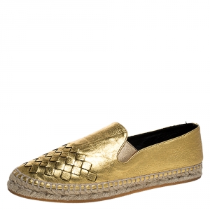 Pre Owned Bottega Veneta Metallic Gold Intrecciato Leather Espadrille Sneakers Size 36