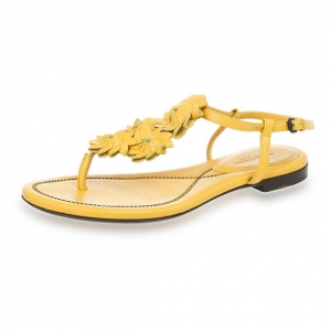 Pre Owned Bottega Veneta Yellow Leather Flower Cutout Sunset Flat Sandals Size 38.5