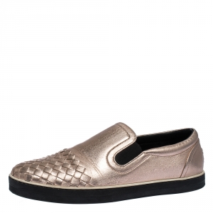 Pre Owned Bottega Veneta Metallic Gold Rose Intrecciato Leather Slip-on Sneakers 39