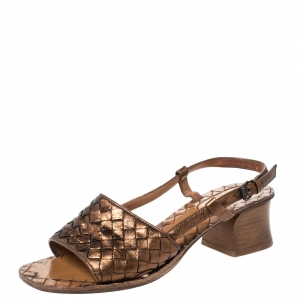 Pre Owned  Bottega Veneta Metallic Bronze Intrecciato Leather Slingback Open Toe Sandals Size 35