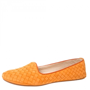 Pre Owned Bottega Veneta Orange Intrecciato Suede Smoking Slippers Size 38