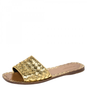 Pre Owned Bottega Veneta Metallic Gold Leather Intrecciato Flat Slides Size 37.5