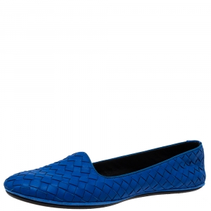 Pre Owned Bottega Veneta Blue Intrecciato Leather Ballet Flats Size 39