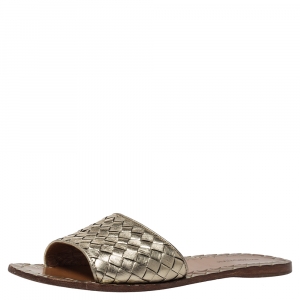 Pre Owned Bottega Veneta Metallic Gold Leather Flat Slides Size 37