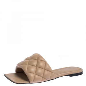 Pre Owned Bottega Veneta Beige Padded Quilted Leather Flat Slides Size 37