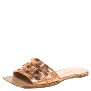 Pre Owned Bottega Veneta Metallic Rose Gold Leather Intrecciato Flat Slides Size 39