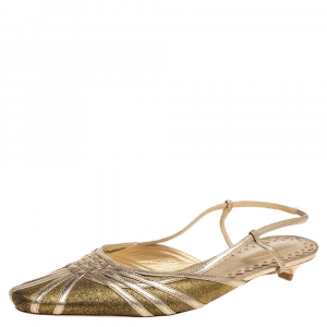 Pre Owned Bottega Veneta Metallic Gold Leather Strappy Toe Slingback Sandals Size 37