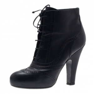 Pre Owned Bottega Veneta Black Leather Lace Up Ankle Boots Size 38.5