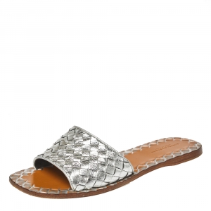 Pre Owned Bottega Veneta Metallic Silver Intrecciato Leather Flat Slides Size 37
