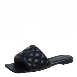 Pre Owned Bottega Veneta Black Quilted Leather Padded Flat Slides Size 38
