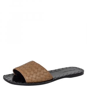 Pre Owned Bottega Veneta Brown Intrecciato Leather Flat Slides Size 37