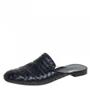 Pre Owned Bottega Veneta Black Intrecciato Leather Espresso Fiandra Mules Size 36.5