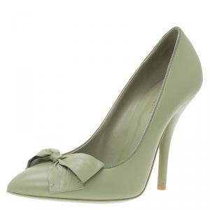 Pre Owned Bottega Veneta Green Leather Bow Embellished Pumps Size 38.5