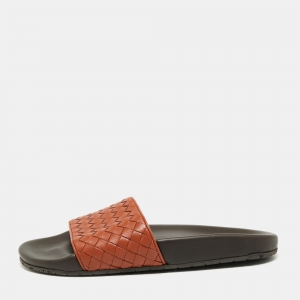 Pre Owned Bottega Veneta Rust Intrecciato Leather Flat Slides Size 37