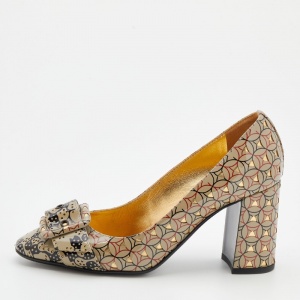 Pre Owned Bottega Veneta Grey Printed Patent Leather Block Heel Buckle Detail Pumps Size 35.5