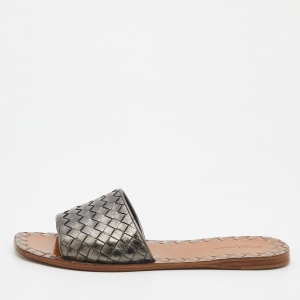 Pre Owned Bottega Veneta Metallic Grey Intrecciato Leather Flat Slide Sandals Size 39