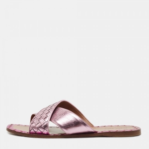 Pre Owned Bottega Veneta Metallic Purple Intrecciato Leather Ravello Flat Slides Size 41