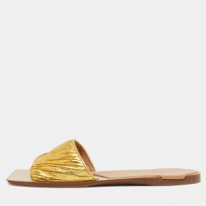 Pre Owned Bottega Veneta Gold Leather Slide Flats Size 41