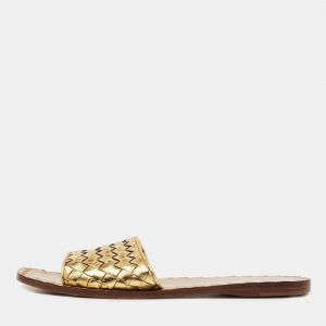 Pre Owned Bottega Veneta Gold Intrecciato Leather Flat Slides Size 37.5