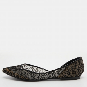 Pre Owned Bottega Veneta Black Lace and Patent Leather Ballet Flats Size 39