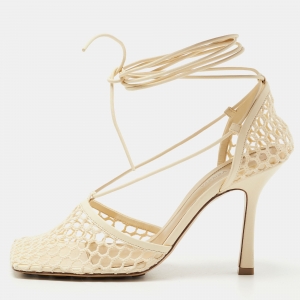 Pre Owned Bottega Veneta Cream Mesh and Leather Ankle Wrap Sandals Size 38