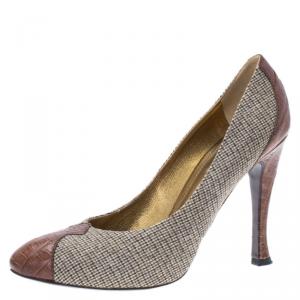 Pre Owned Bottega Veneta Beige/Brown Fabric and Crocodile Almond Toe Pumps Size 36.5