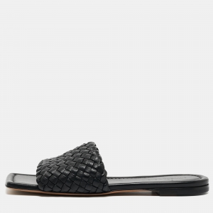 Pre Owned Bottega Veneta Black Intrecciato Leather Flat Slides Size 39