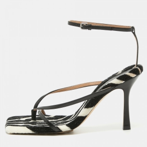 Pre Owned Bottega Veneta Black Leather Stretch Thong Ankle Strap Sandals Size 39