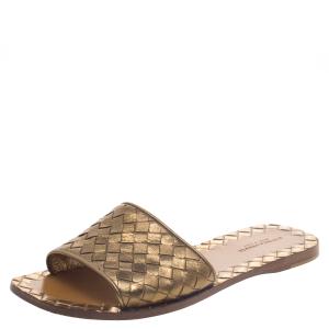 Pre Owned Bottega Veneta Bronze Metallic Intrecciato Leather Flat Slides Size 36.5