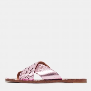 Pre Owned Bottega Veneta Metallic Pink Intrecciato Leather Ravello Flat Slides Size 35