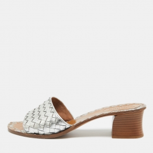 Pre Owned Bottega Veneta Silver Leather Intrecciato Slides Size 40 