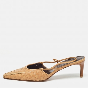 Pre Owned Bottega Veneta Brown Intrecciato Leather Slingback Pumps Size 37