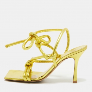 Pre Owned Bottega Veneta Metallic Yellow Knotted Leather Ankle Tie Sandals Size 40