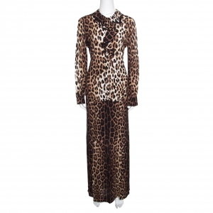 Boutique Moschino Brown Leopard Print Blouse and Maxi Skirt Set M/S