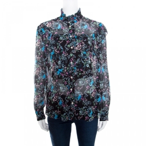 Boutique Moschino Black Abstract Floral Print Ruffle Detail Crinkled Silk Blouse S