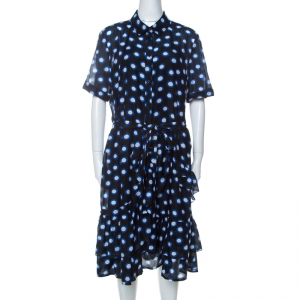 Boutique Moschino Black and Blue Polka Dot Cotton Ruffle Trim Belted Dress L 