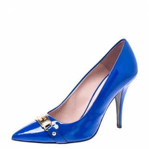 Boutique Moschino Blue Patent Leather Logo Plague Pointed Toe Pumps Size 41