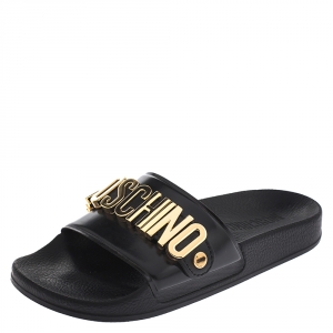 Boutique Moschino Black PVC Logo Embellished Pool Slide Flats Size 36