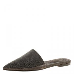 Brunello Cucinelli Grey Suede Monile Pointed Toe Slip On Mules Size 38