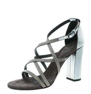 Brunello Cucinelli Metallic Silver Leather Embellished Cross Strap Block Heel Sandals Size 40