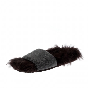 Brunello Cucinelli Brown Monile Bead And Shearling Slip On Slides Size 37