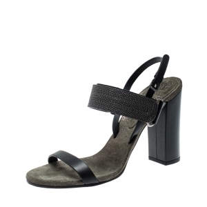 Brunello Cucinelli Black Leather Bead Detail Ankle Strap Sandals Size 39