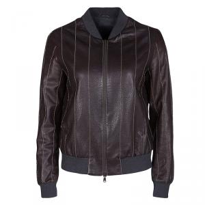 Brunello Cucinelli Brown Leather Embellished Zip Front Bomber Jacket S