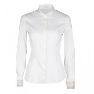 Brunello Cucinelli White Contrast Mesh Cuff Detail Long Sleeve Shirt S