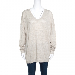 Brunello Cucinelli Beige Metallic Knit Linen Long Sleeve Sweater XXL