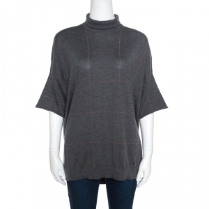 Brunello Cucinelli Grey Cashmere Lurex Knit Drop Shoulder Turtleneck Sweater S