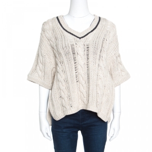 Brunello Cucinelli Beige Chunky Knit Monili Trim V Neck Sweater S