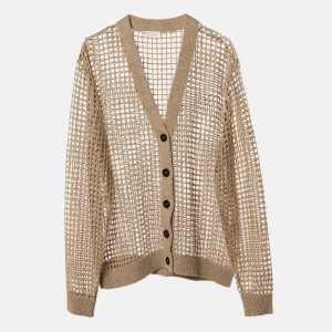 Brunello Cucinelli Beige Sequinned Cashmere Open Knit Cardigan L