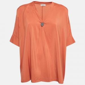 Brunello Cucinelli Orange Embellished Silk Loose Fit Blouse M